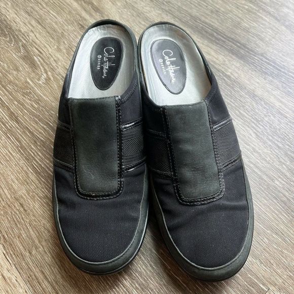 COLE HAAN G Series Women's Size 8AA Gray/Black Leather Wedge Slide On Mules - Picture 2 of 11